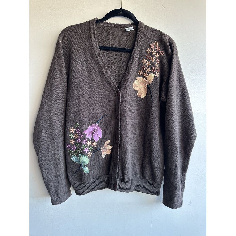 Women's Ramie Cotton Floral Embroidered Cardigan Sweater Brown Med Cottagecore